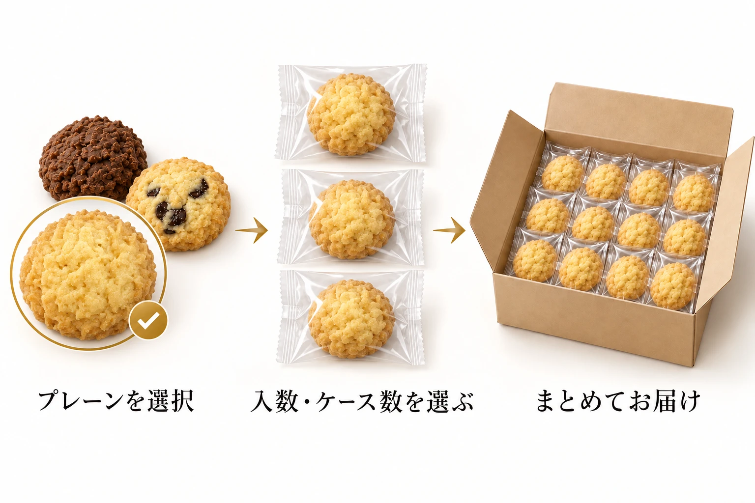 プレーンを選択し、入数とケース数を指定すると、透明袋で1枚ずつ密封されたプレーンクッキーがケースで届く流れ