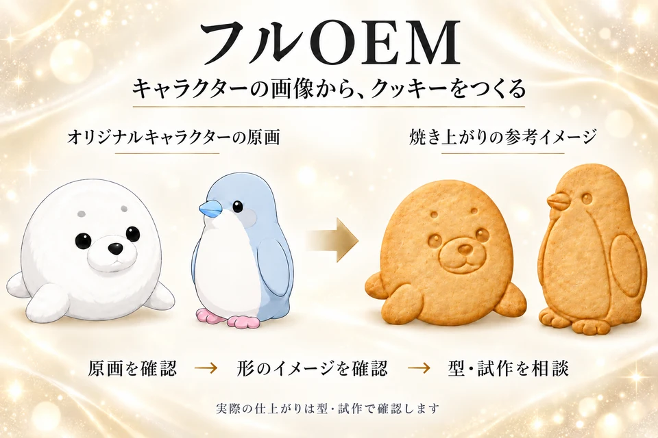 フルOEM。オリジナルキャラクターの原画からクッキーをつくる図解。焼き上がりは参考イメージです