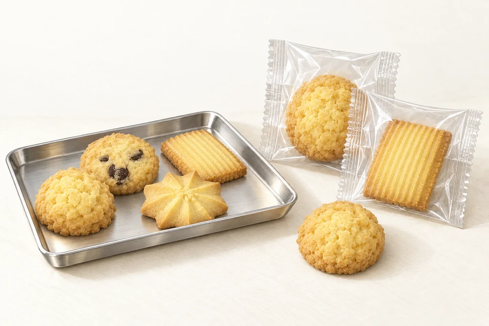 味の異なるクッキーと透明個包装。既存商品から商品・包装を検討するイメージ