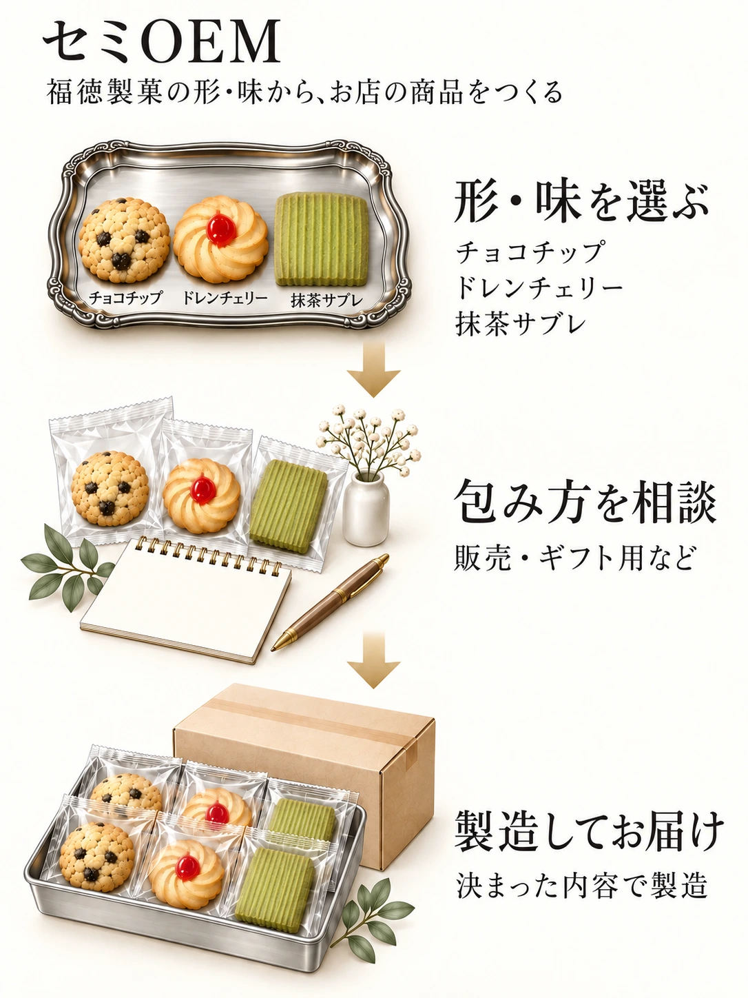 セミOEMの進め方。チョコチップ・ドレンチェリー・抹茶サブレなどの形・味から選び、包み方を相談し、決まった内容で製造してお届けする流れを矢印で示した図解