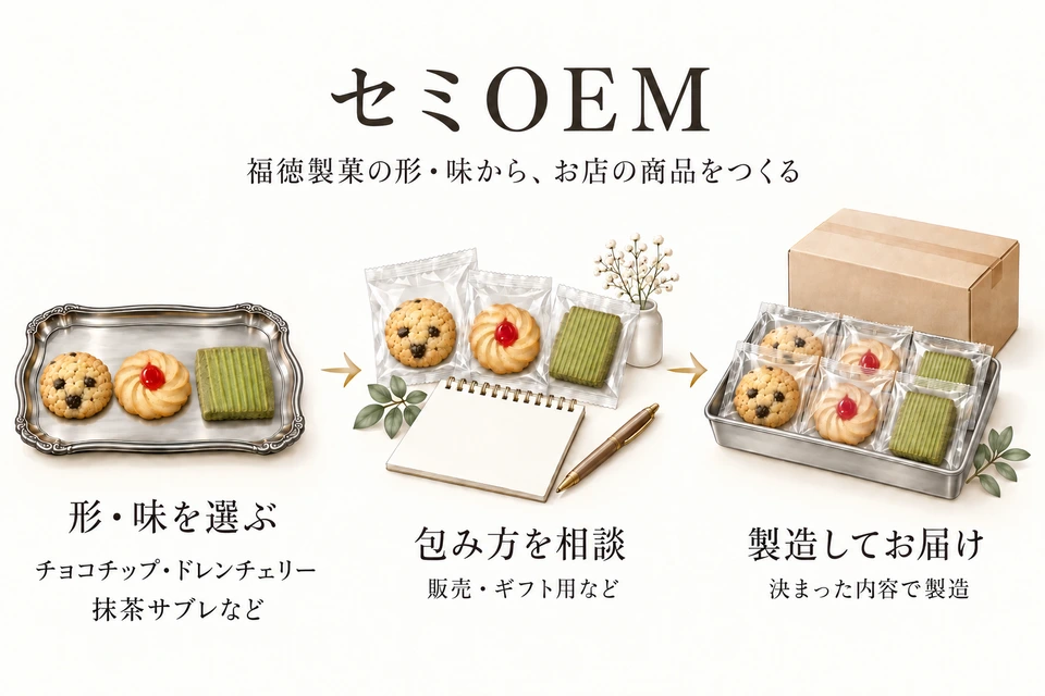 セミOEM。ある形・味を選び、包み方を相談し、製造してお届けする流れ