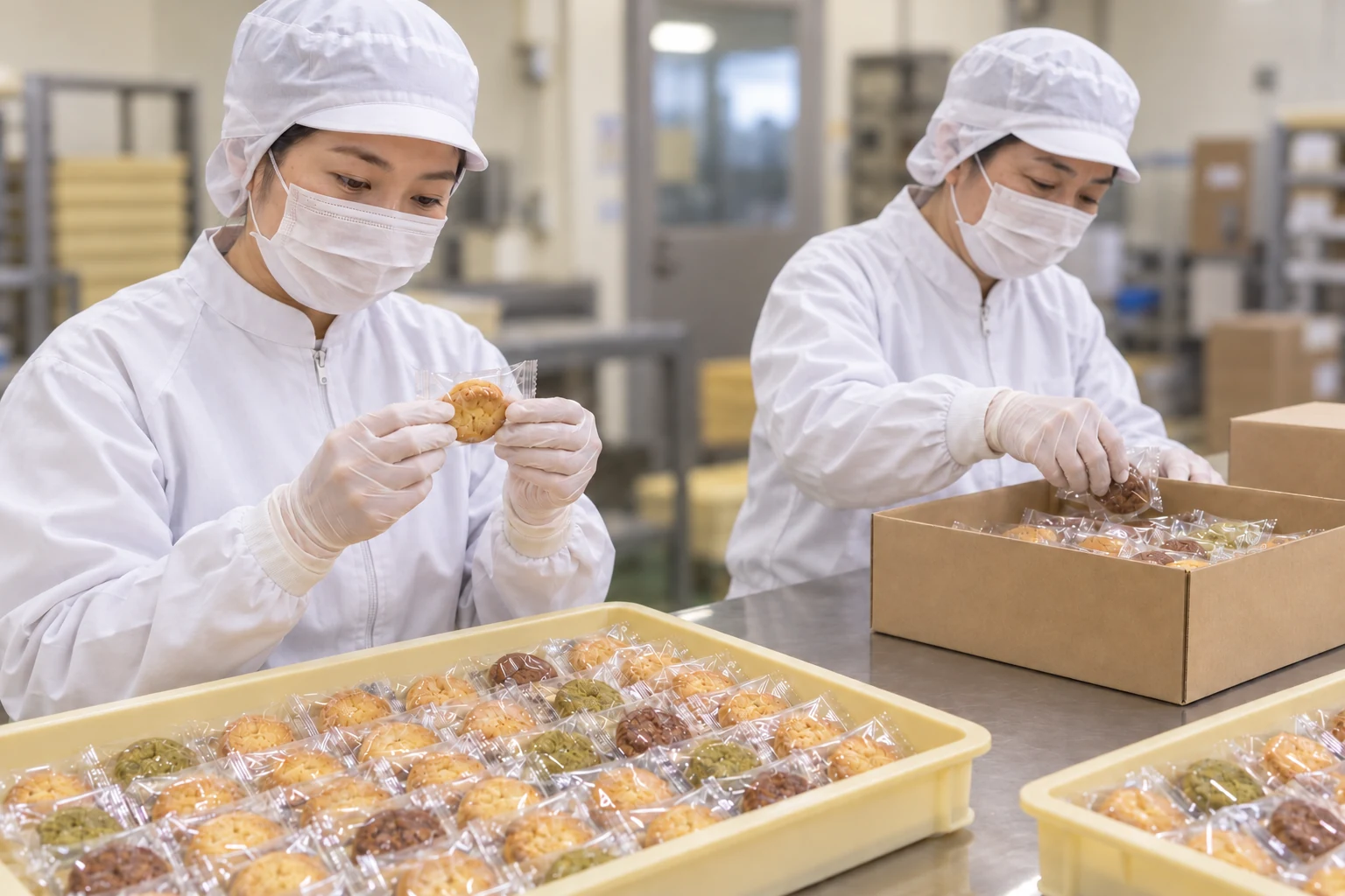 個包装のクッキーを検品し、箱詰めする作業のイメージ