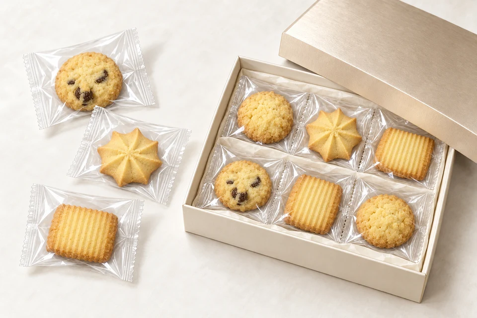 透明個包装のクッキーを、お客様が用意する箱に詰め合わせる利用イメージ