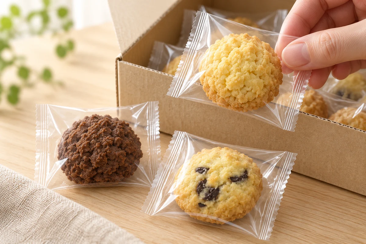 透明個包装のクッキーを箱から取り出す開封イメージ