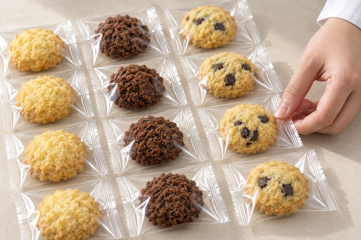 個包装クッキーを種類ごとに並べて扱う、業務用の利用イメージ