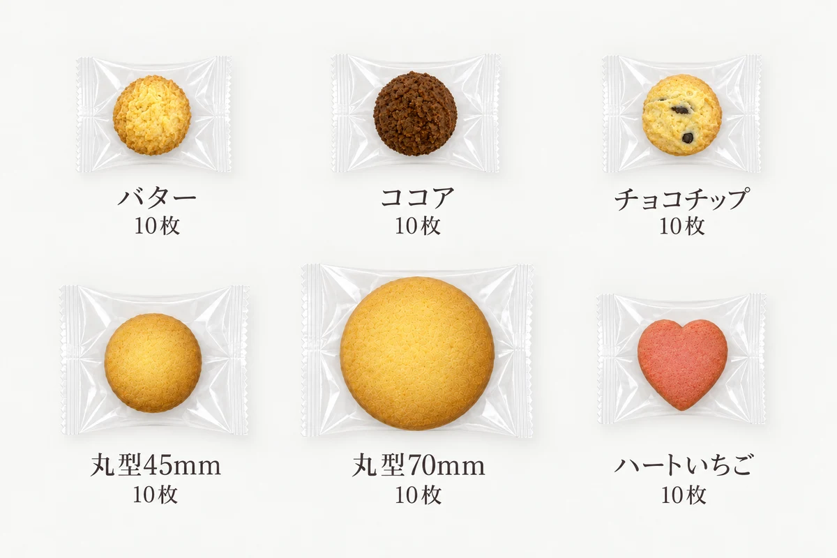 お試しセット:バター、ココア、チョコチップ、丸型45mm、丸型70mm、ハートいちごを各10枚、計60枚。