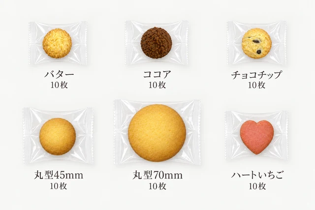 お試しセット：バター、ココア、チョコチップ、丸型45mm、丸型70mm、ハートいちごを各10枚、計60枚。