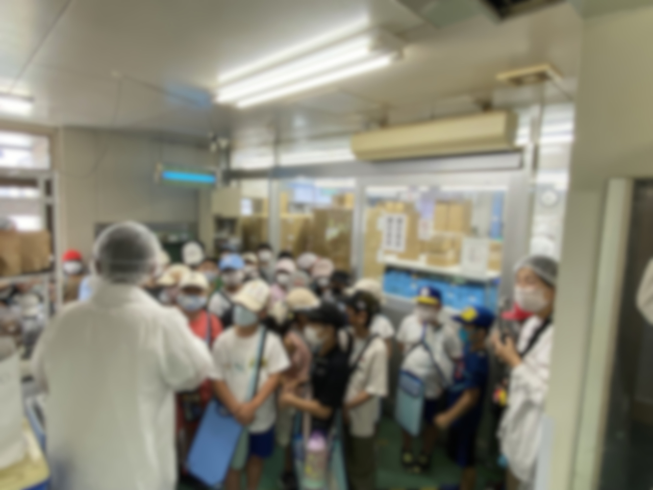 社会見学で福徳製菓の説明を聞く小学生の皆さん